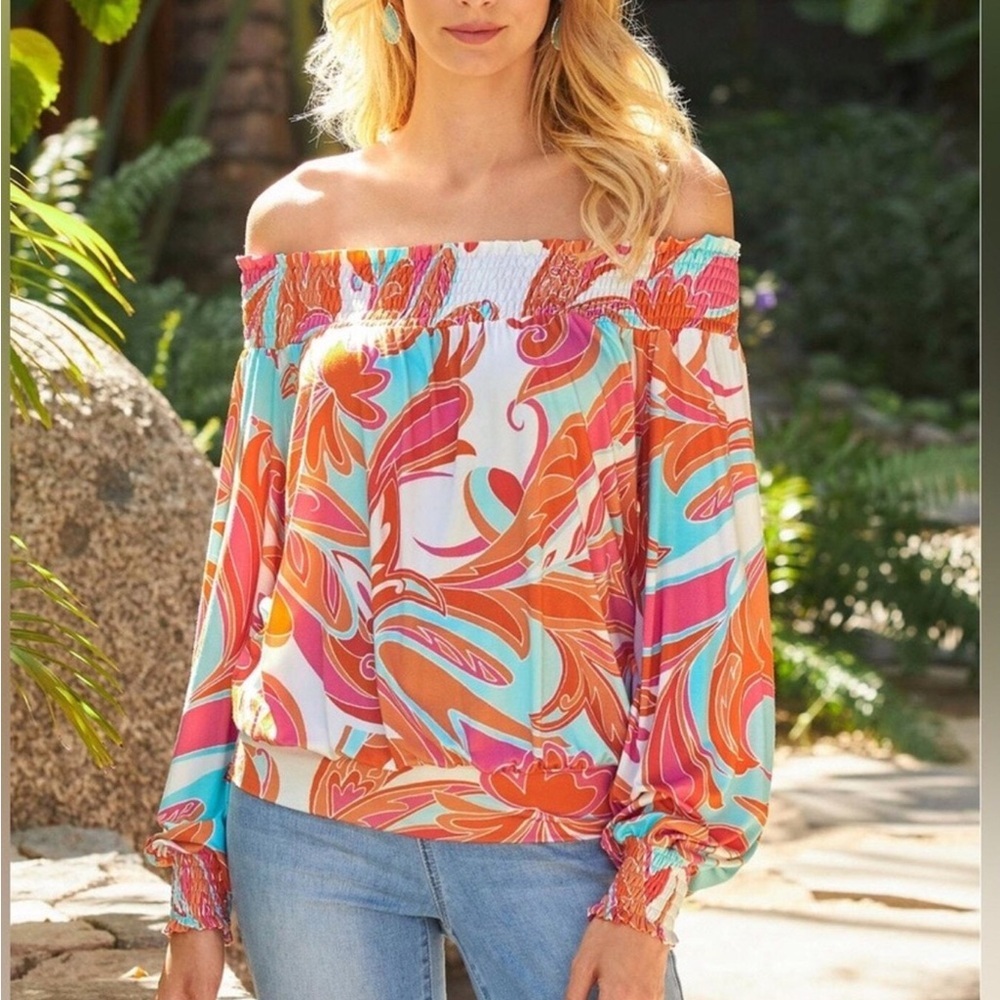 Boston Proper Multicolor Floral Off-Shoulder Blouse size medium